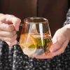 Champagne-colored hexagonal diamond glass cup, creative and individual hexagonal juice high borosilicate glass cup, household water cup with handle details Picture